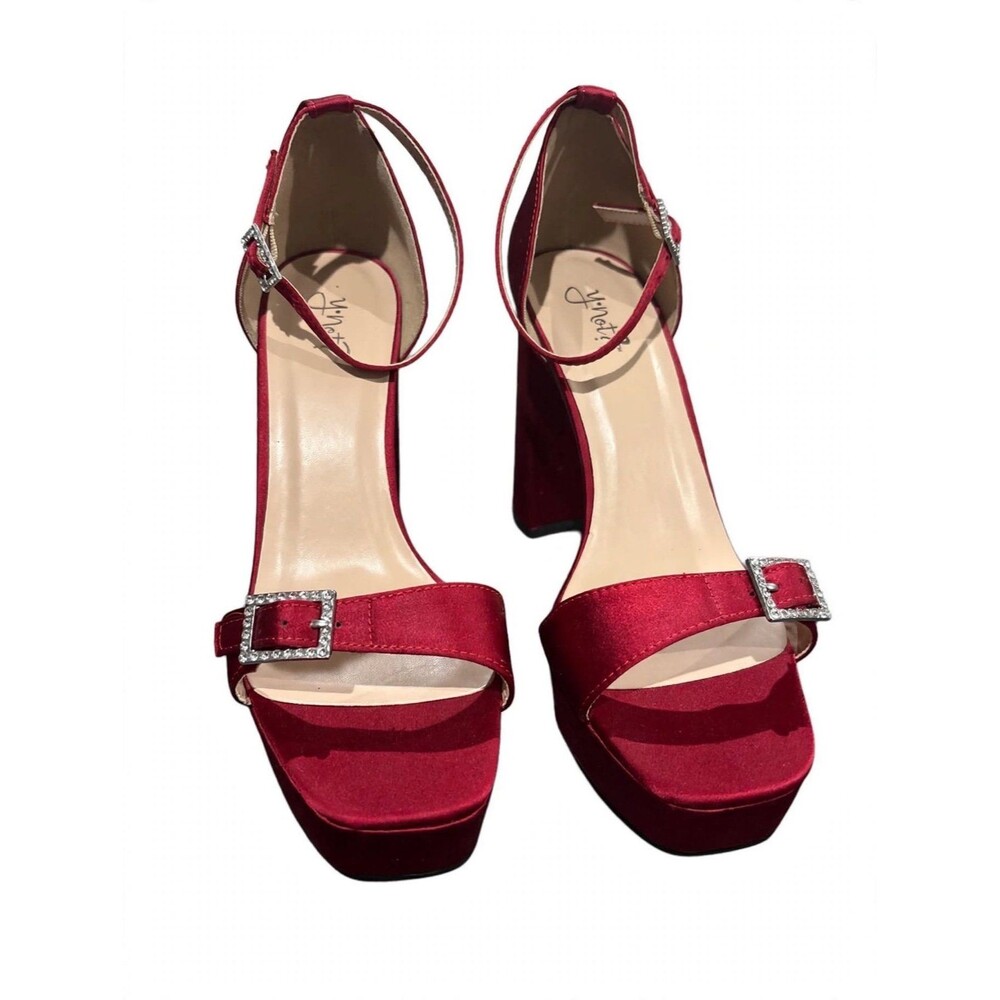 Y.Not? Red Satin Platform Heels- Rhinestone Buckle Ankle Strap Size 10 Very Good